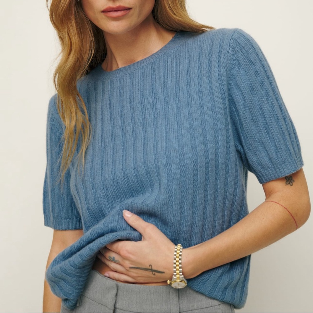 Reformation Tess Cashmere Short Sleeve Sweater - Bluebell